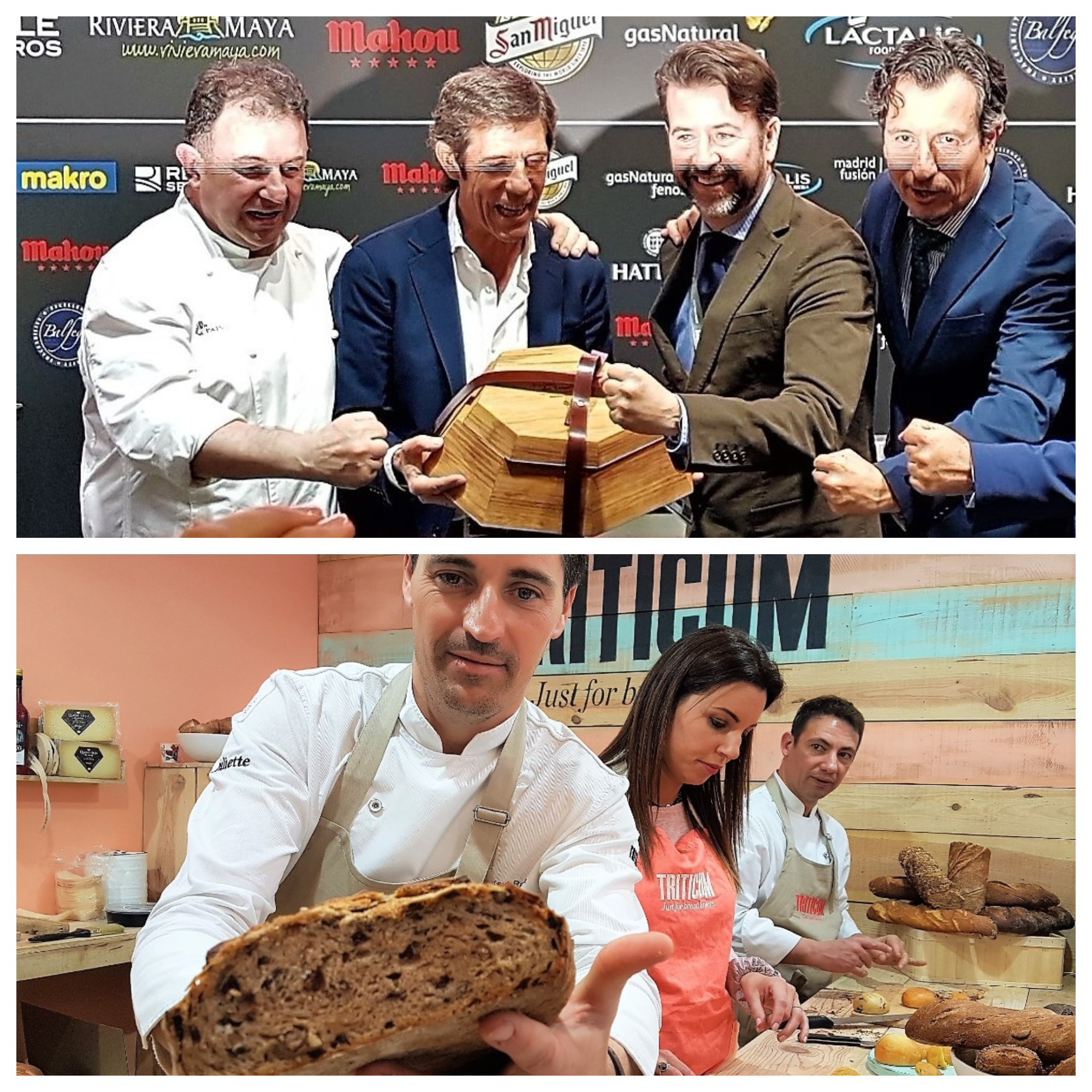 Martin Berasategui, javier Moro, Carlos Alonso (Presidente Cabildo tenerife), Jesús Morales (Consejero Agricultura Cabildo Tenerife con las papas antiguas. El pan "proustiano" de Triticum. Madrid Fusión 18. Madrid. Fotos: Xavier Agulló.