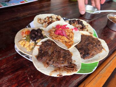 Tacos de poc choc, chilibil, castacán y huevistops con nopal.