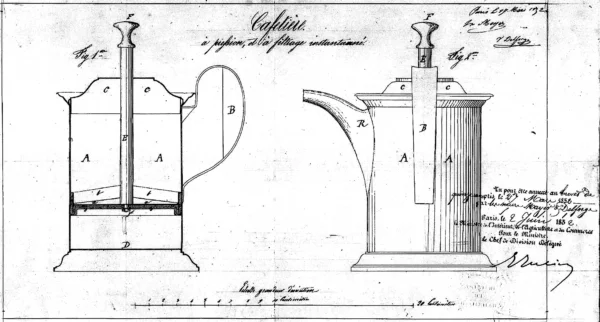 Patente de la prensa francesa presentada en 1852 por los inventores franceses Mayer and Delforg.