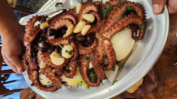 La imagen ilustra la fuerza y el color de la cocina de Rio con un sencillo plato de pulpo.